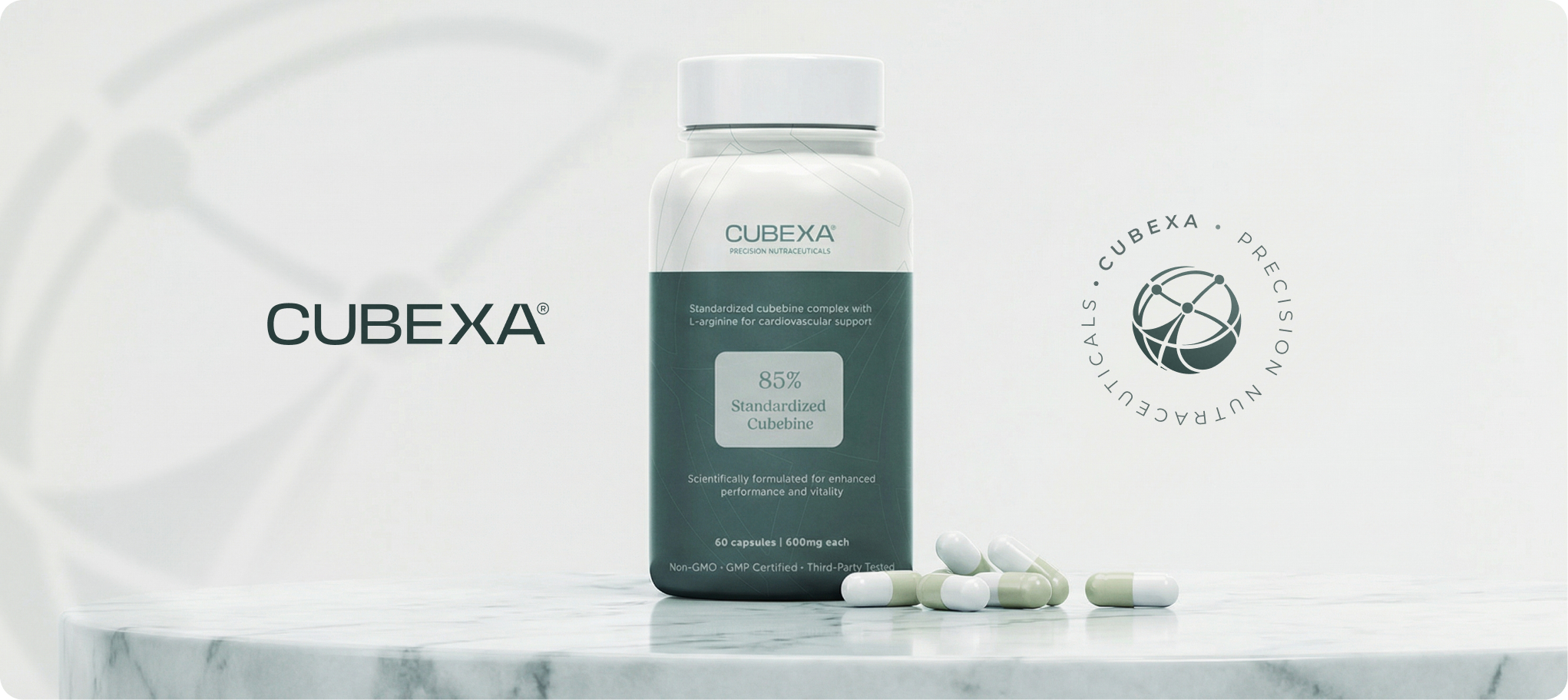 Cubexa product bottle with capsules, brand mark, and circular seal